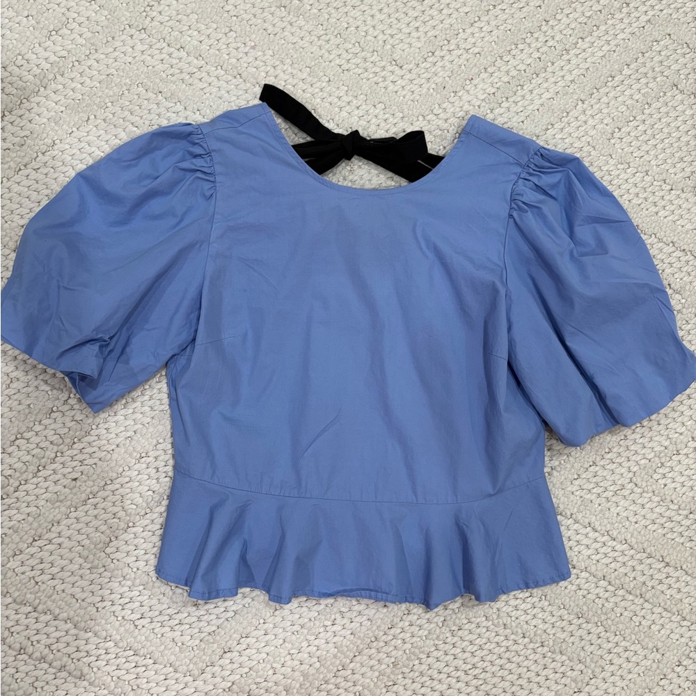 RESERVED Blue Puff Sleeve Top Bows On Back